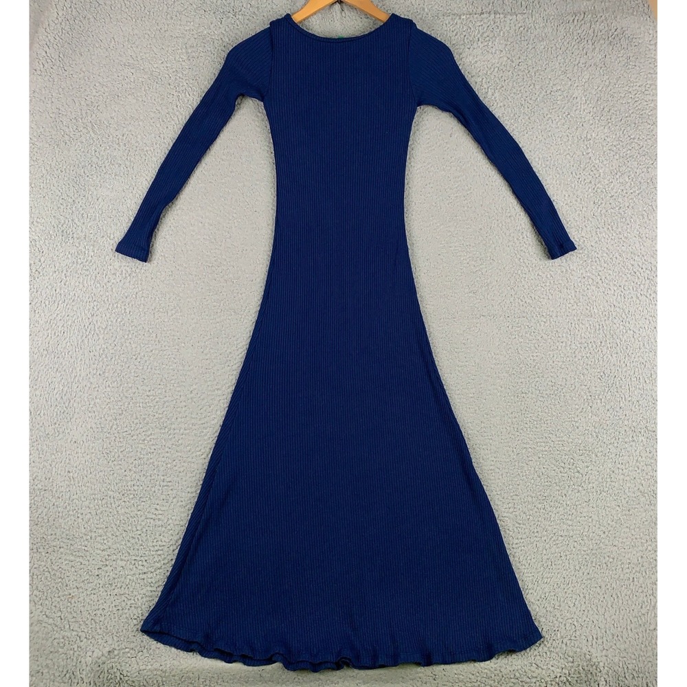Farm Rio Ribbed Knit Maxi Dress Womens Small Navy Blue Long Sleeve Bodycon Scoop